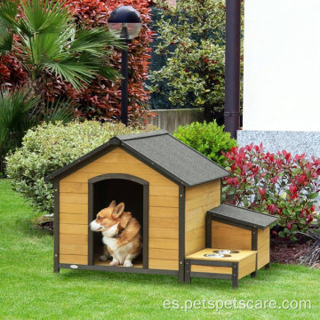Casa de mascotas para perros al aire libre de madera con tazones de alimentación